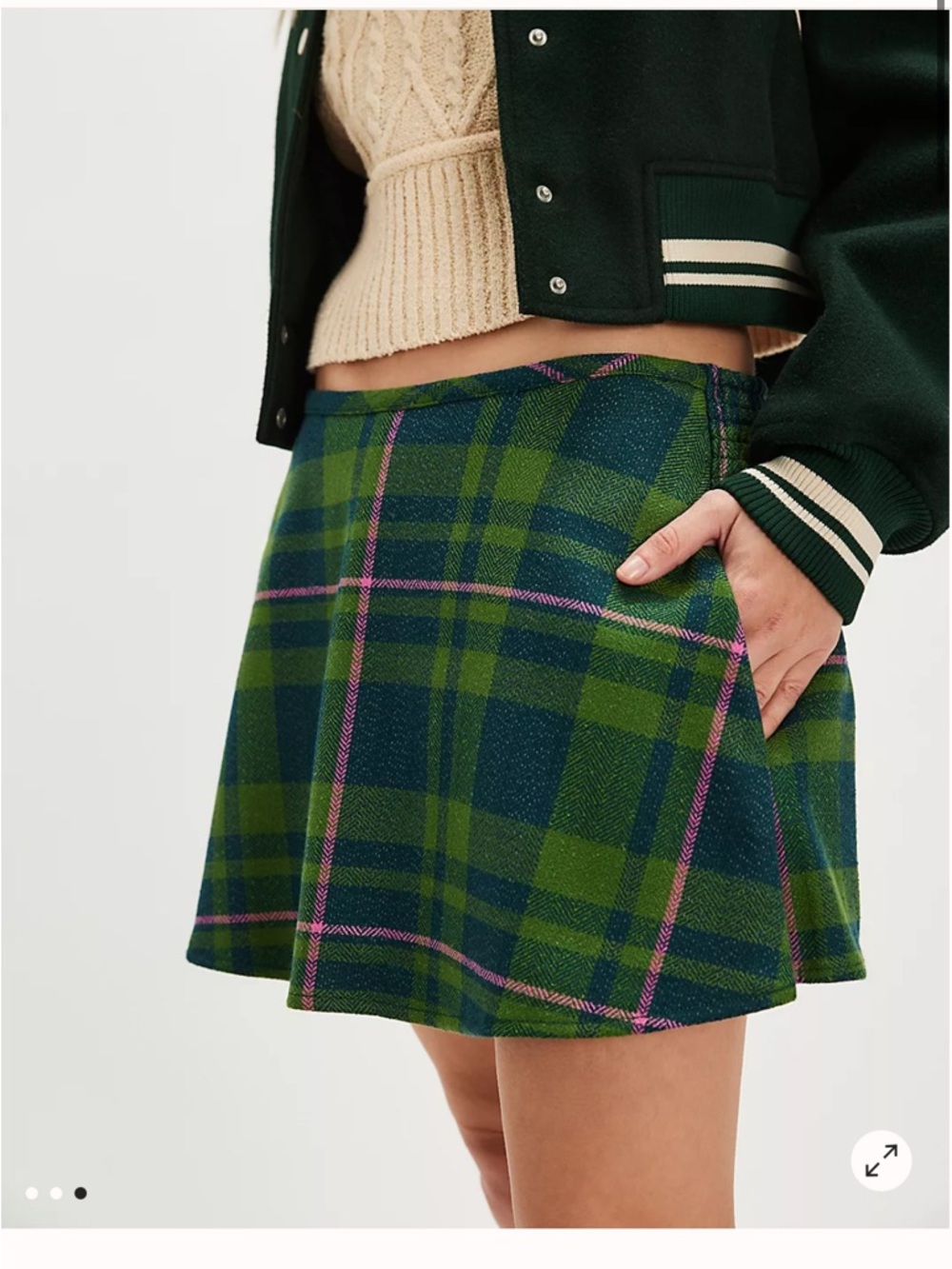 FREE PEOPLE 💚🩷 Green Plaid Mini Skirt with Pink Accent - Size Medium